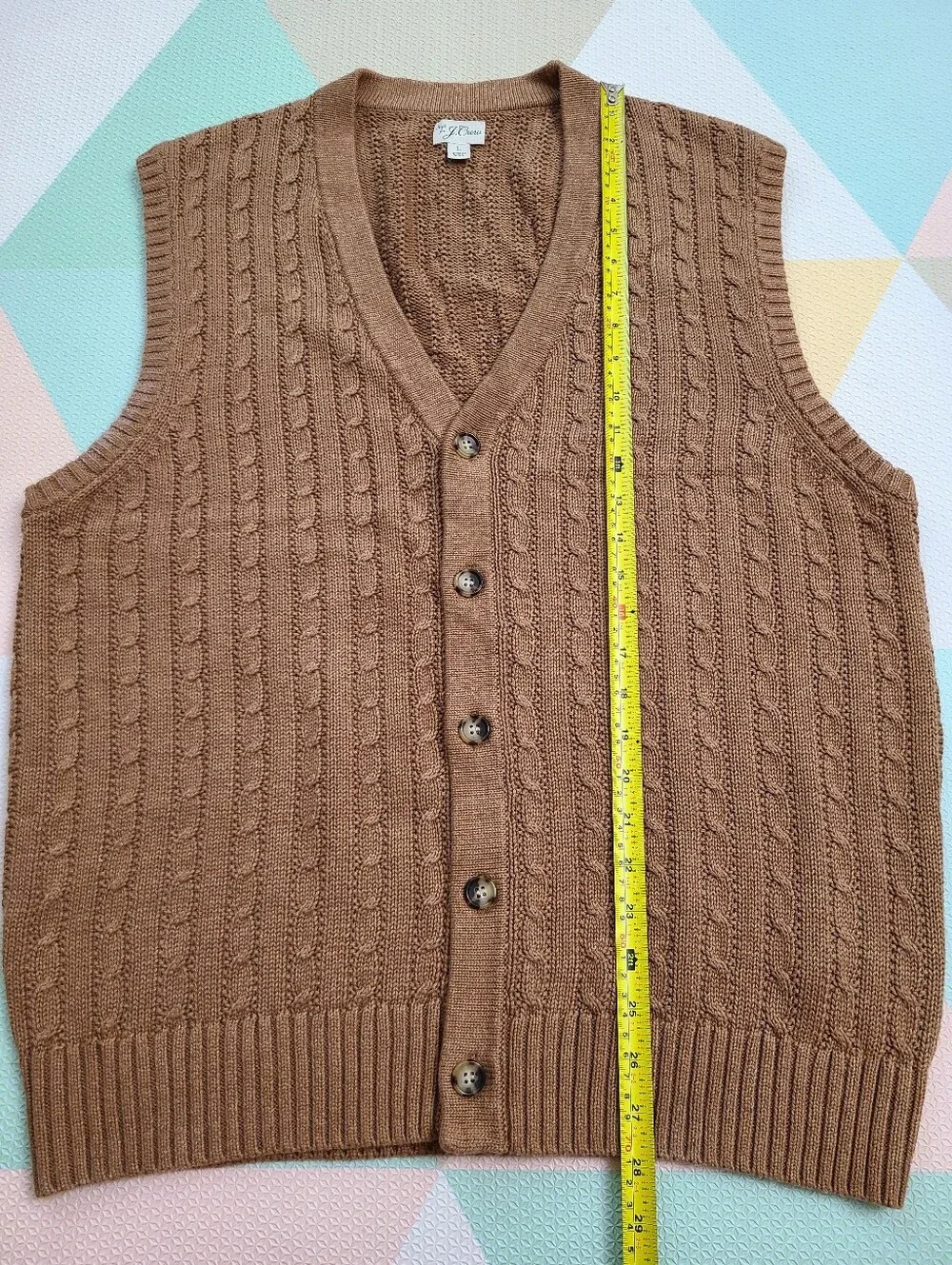J Crew Men's Heritage Cotton Cardigan Sweater Vest Cable Knit Size L Camel Brown